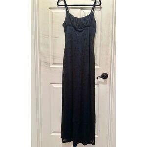 Vintage Y2K Black Blue Glitter Floral Mesh Satin Maxi Dress Size 11 Whimsigoth